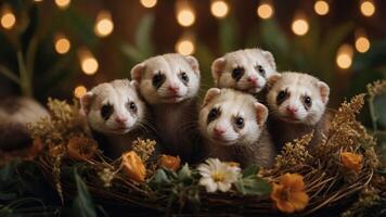 A charming group of five ferrets nestled in a nest with flowers and soft lighting. photo