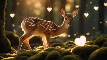 A fawn stands in a serene forest, surrounded by glowing hearts and soft light. photo