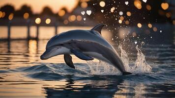 A dolphin leaps from shimmering water, surrounded by hearts and soft bokeh lights. photo