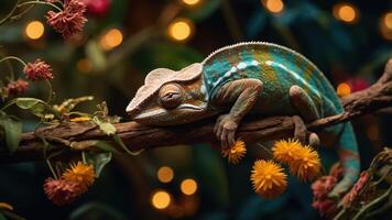 A vibrant chameleon resting on a branch surrounded by flowers and soft lighting. photo