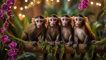Four monkeys sitting on a branch surrounded by greenery and flowers, creating a playful scene. photo