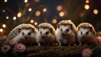A charming scene featuring four hedgehogs on a log surrounded by soft lighting and flowers. photo