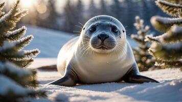 A seal resting on snow with trees in the background during a sunny winter day. photo
