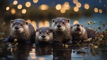 A group of four otters playfully gathered by the water, surrounded by soft, glowing lights. photo
