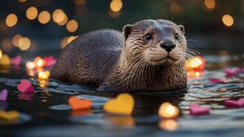 An otter swimming among colorful heart-shaped decorations in a serene water setting. photo