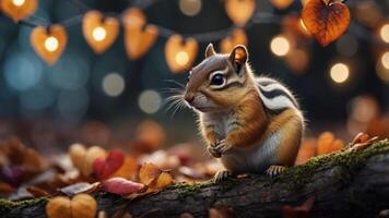 A chipmunk sits on a log surrounded by autumn leaves and heart-shaped lights. photo
