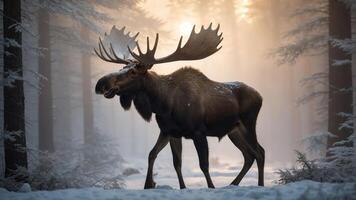 A majestic moose walks through a misty forest at dawn, surrounded by snow-covered trees. photo