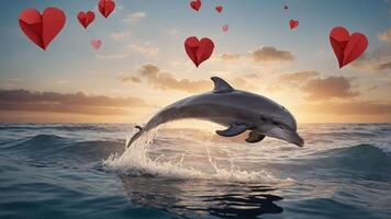 A dolphin leaps joyfully against a sunset backdrop, surrounded by floating hearts. photo