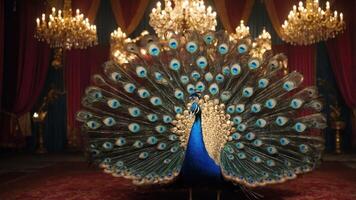 A vibrant peacock displaying its colorful feathers in an ornate indoor setting. photo