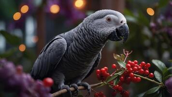 A gray parrot perched on a branch with red berries, surrounded by a lush, colorful background. photo