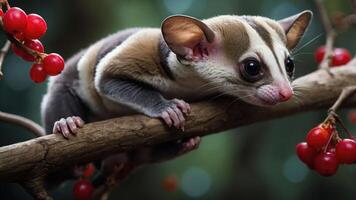 A close-up of a sugar glider perched on a branch with vibrant red berries in a lush setting. photo