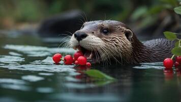 An otter enjoying red berries while swimming in a serene body of water. photo