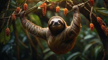 A sloth hanging from a tree branch surrounded by vibrant foliage and berries. photo