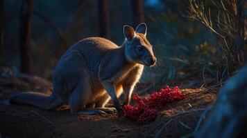 A kangaroo near a cluster of red berries in a dimly lit natural setting. photo