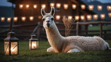 A serene llama resting in a grassy area, illuminated by lanterns and string lights at dusk. photo