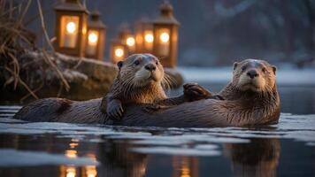 Two otters playfully interacting in a serene water setting with glowing lanterns. photo