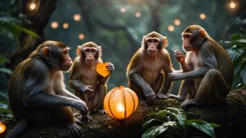 Four monkeys gathered around a glowing lantern in a lush forest setting. photo