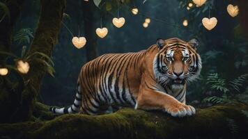 A majestic tiger rests on a mossy log, surrounded by glowing heart-shaped lights in a forest. photo