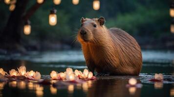 A capybara by a serene water scene, surrounded by floating candles and flowers. photo