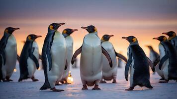 A group of emperor penguins gathered on ice during a colorful sunset. photo