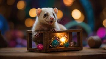 A playful ferret sitting inside a wooden box with colorful decorations and lights. photo