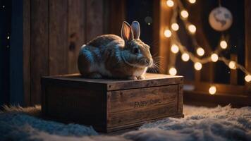 A rabbit resting on a wooden box surrounded by soft lighting and a cozy atmosphere. photo