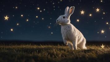 A whimsical scene featuring a rabbit surrounded by stars in a night sky. photo