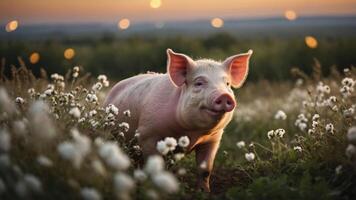 un juguetón cerdo soportes entre flores a atardecer, exhibiendo rural belleza y animal encanto. foto