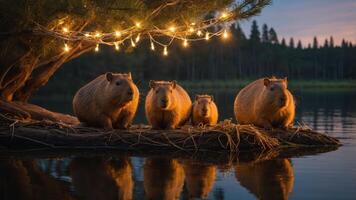 Four capybaras gathered on a log by a serene lake, illuminated by string lights at dusk. photo