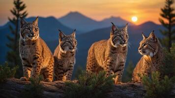 Four lynxes perched on a log during sunset in a mountainous landscape. photo