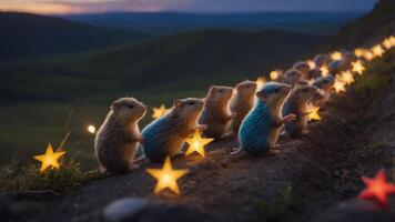 A whimsical scene of small, starry creatures on a hillside at dusk. photo
