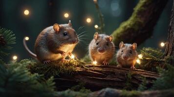 Three small mice amidst forest greenery and fairy lights, creating a whimsical scene. photo