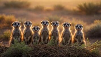 A group of meerkats stands together in a desert landscape during sunset. photo