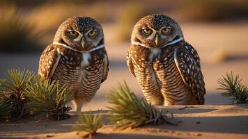 Two burrowing owls standing in a sandy environment with vegetation in the background. photo