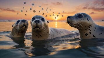 Three seals playfully floating in water against a sunset backdrop with stars above. photo