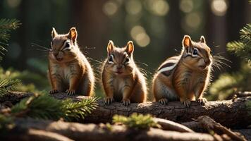 Three chipmunks sitting on a log in a forest setting. photo