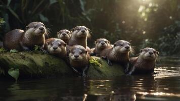 A group of otters resting on a rock by the water, surrounded by lush greenery. photo