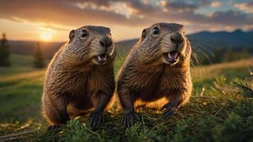 Two playful marmots on a grassy hill during sunset. photo