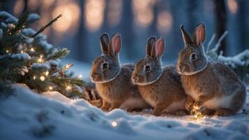 Three rabbits in a snowy forest, illuminated by soft lights during dusk. photo