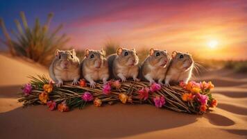 Five hamsters sitting on a floral arrangement against a colorful sunset in a desert. photo