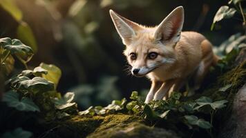 A fennec fox stealthily navigates through lush greenery, showcasing its keen hunting instincts. photo