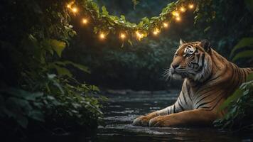 A serene tiger rests by a stream, surrounded by lush greenery and glowing lights. photo