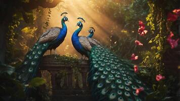 Three peacocks display their vibrant feathers in a sunlit, lush garden setting. photo