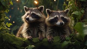 Two raccoons perched on a leafy branch in a whimsical, nature-inspired setting. photo