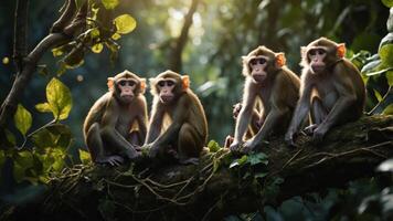 Four monkeys sitting on a tree branch in a lush forest, illuminated by soft sunlight. photo