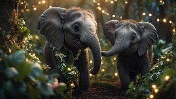 Two elephants playfully interact in a magical forest setting adorned with lights. photo