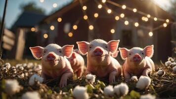 Three adorable piglets lounging in a field with cotton plants and fairy lights in the background. photo