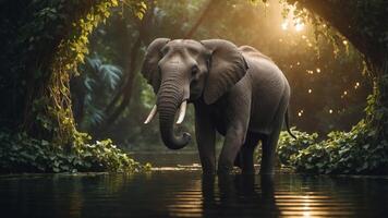 An elephant stands majestically in a serene, lush environment, surrounded by water and greenery. photo