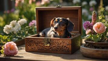 A dachshund rests in a decorative wooden box surrounded by colorful flowers. photo
