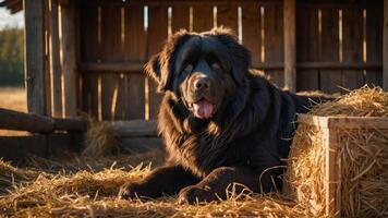 A large, fluffy dog resting on straw in a rustic barn setting. photo